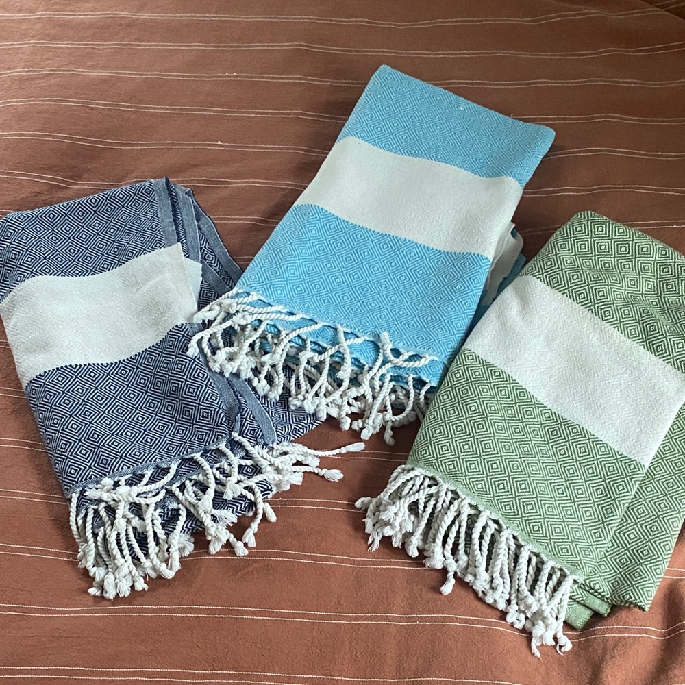 Set of 3 Striped Turkish Peshtemal Towels - Blue, Aqua, Green